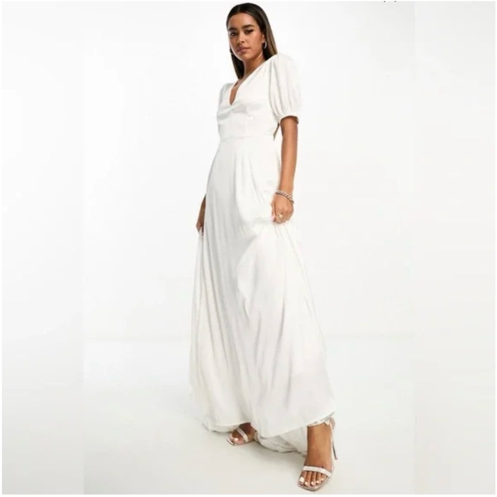ASOS Anaya Bridal Dress Satin Maxi Ivory Open Back Long Train Modern NWT | Sz 12